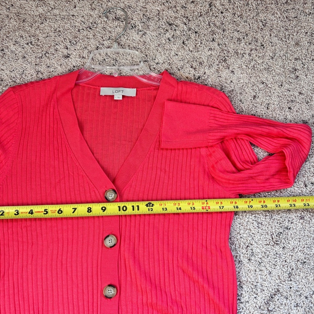 Preppy office LOFT Vibrant Coral Ribbed Women’s Cardigan V-neck L - Picture 7 of 10